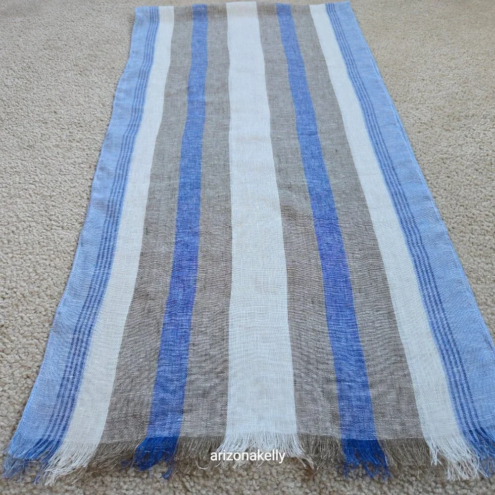 Puro Lino Linen Scarf Stripe Blue White & Taupe Italian Linen